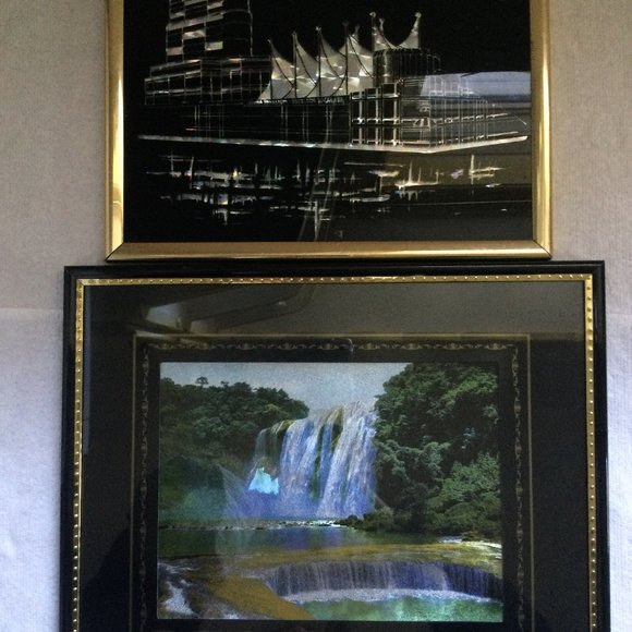Two metallic etching? prints landscape framed waterfall and city - Picture 1 of 5